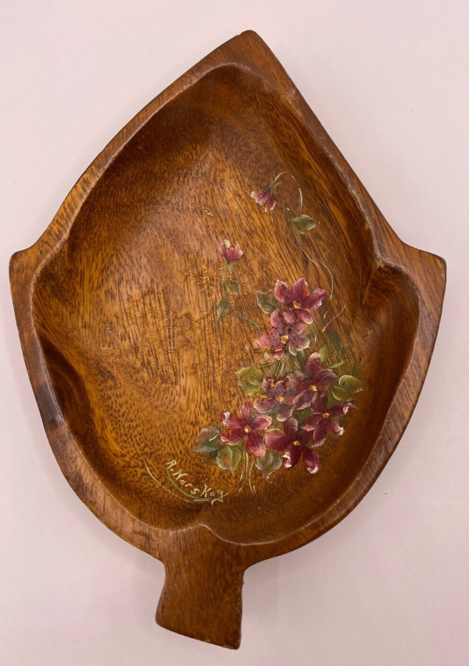 Vintage Handpainted Wood Leaf Trinket Dish Signed- Folk art